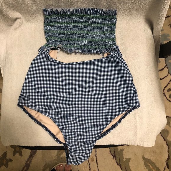 One-piece swimsuit - strapless blue gingham - Picture 1 of 2